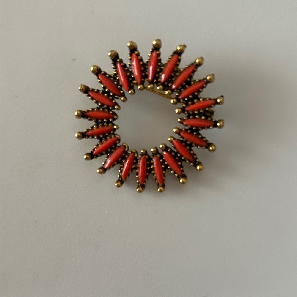Trifari Gold and Red Sunburst Brooch